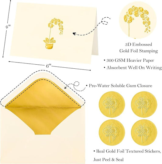 Crisky 50 Pack Blank Cards and Envelopes 4x6, Embossed Gold Foil Orchid Blank Greeting Cards Bulk for Wedding, Bridal Shower, Baby Shower, Birthday Party Decoration Favors