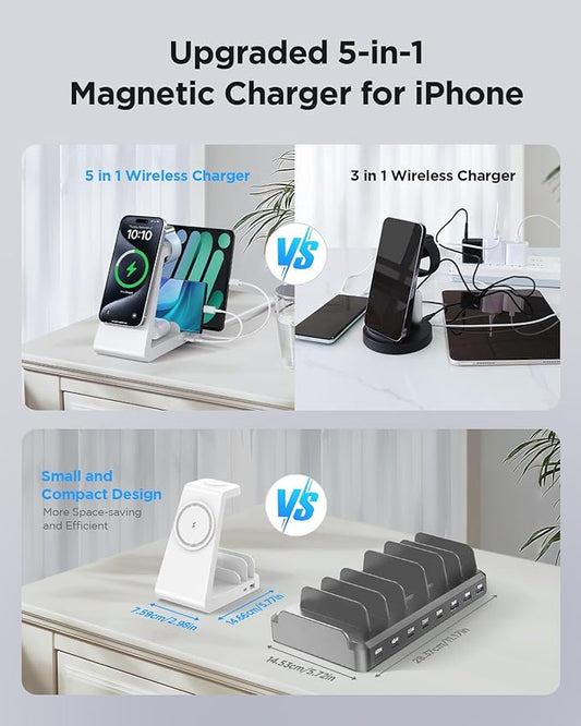 Charging Station for iPhone,5 in 1 Wireless Charger Stand Dock for Apple: Mag-Safe Charging Station for Multiple Devices Apple iPhone 16 15 14 13 12 Pro Max Plus Apple Watch iWatch Magnetic(White)