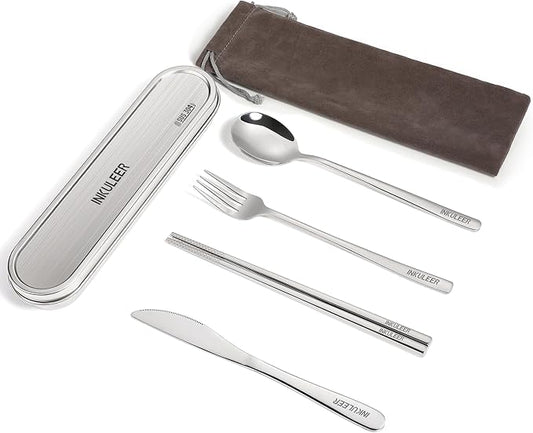 Travel Cutlery Set - 18/8 Stainless Steel Reusable Utensils with Metal Case, Portable Silverware for Camping, Office, Travel & Outdoor Dining