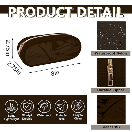 Clear Small Pencil Pouch Makeup Bag for Purse,Nylon&PVC Pencil Case Waterproof Makeup Brush Holder with Zipper,Preppy Transparent Pen Bag Travel Cosmetic Bag for Women Office(Slim-Chocolate)