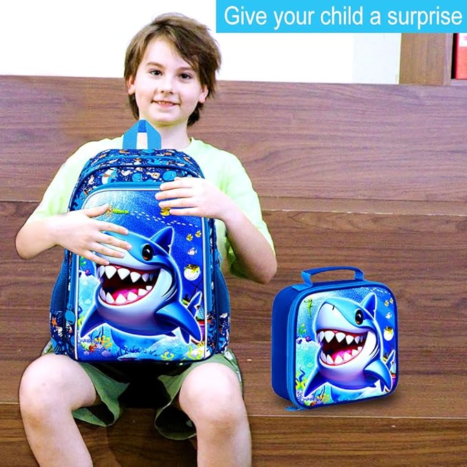 16" Shark Backpack for Boys, 3Pcs Kids Bookbag with Lunch Box, School Backpacks for Elementary Preschool Kindergarten (Blue)