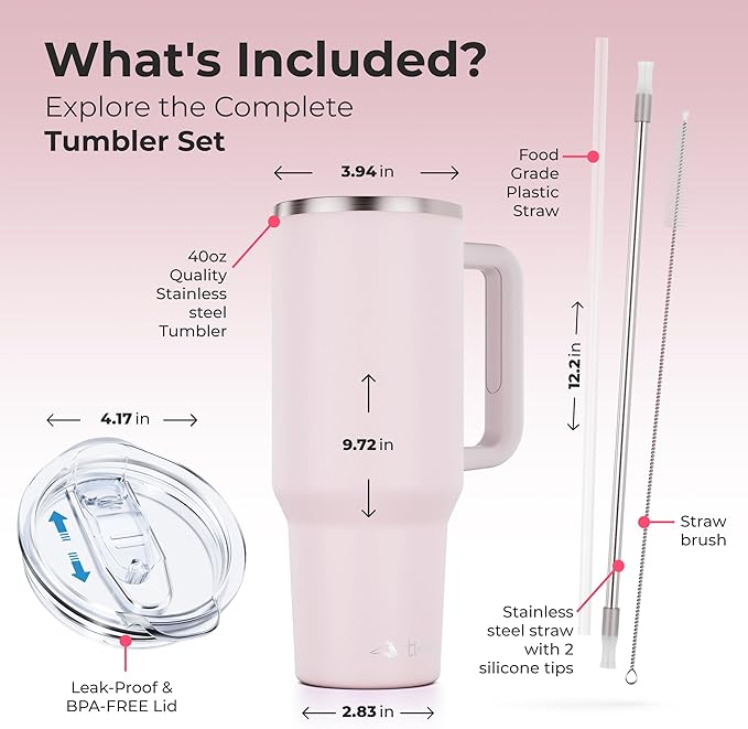 40 oz Tumbler With Handle and Straw Made of Stainless Steel - Double Wall Vacuum Insulated Tumbler With Lid - Sweat Proof Easy Grip, BPA-Free, Dishwasher Safe Tumbler (Rose Quartz)