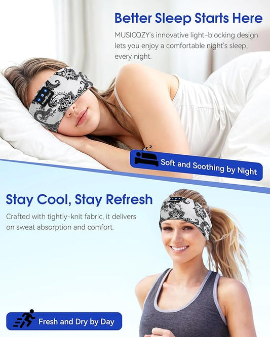 MUSICOZY Sleep Headphones Bluetooth Headband 5.4 Wireless Headband Headphones for Sleeping for Side Sleeper with Ultra-Thin HD Stero Speaker for Workout (White Flower)