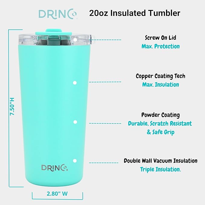Drinco - 20 oz Stainless Steel Tumbler | Double Walled Vacuum Insulated Mug With Lid, 2 Straws, For Hot & Cold Drinks (20oz, 20oz Teal), 1 Count (Pack of 1)