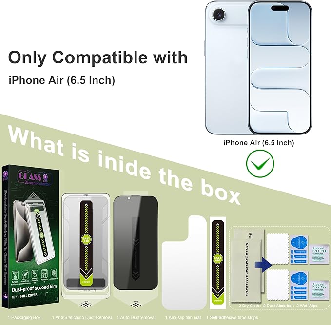 2 Pack Anti-Spy Privacy Screen Protector for iPhone Air (6.5-Inch),9H Tempered Glass,Full Coverage,Anti-Fingerprint,Auto Dust Removal,Bubble-Free,Easy Installation