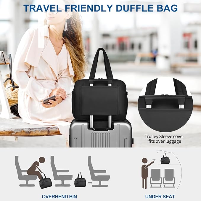 Felipe Varela Puffer Travel Duffle Bag, Gym Bag for Women with Shoe Compartment, Lightweight Tote Weekender Overnight Carry on Duffel Bags for Travel, Airplanes (Black,19L)