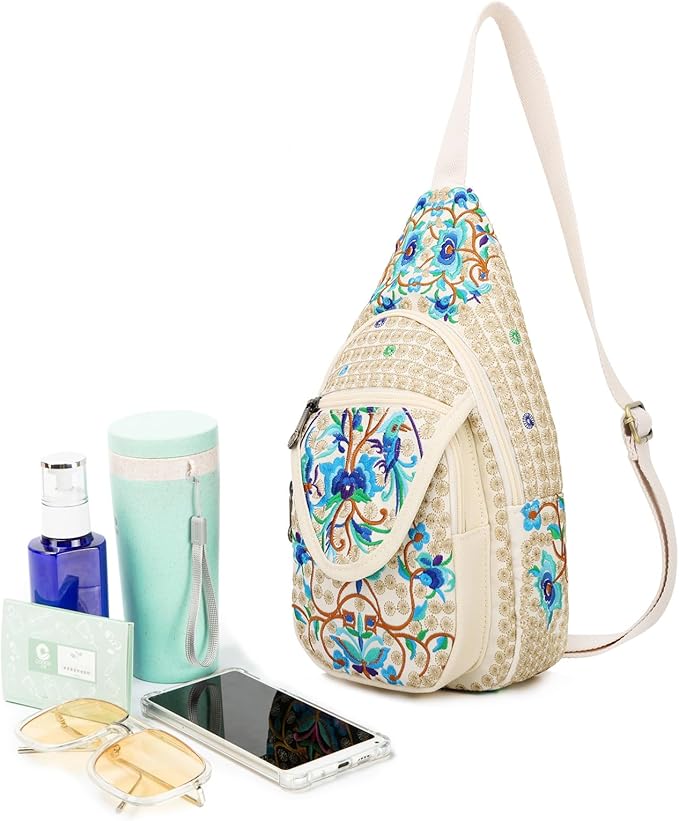 SILKAREA Vintage Canvas Small Sling Bag for Women's Chest Purses Handbag Crossbody Bag Boho Embroidered Backpack Purse (Beige Blue)