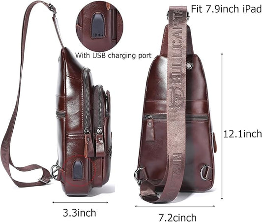 BULLCAPTAIN Mens Leather Sling Bag Backpack Casual Outdoor Shoulder Crossbody Chest Bag with USB Charging Port