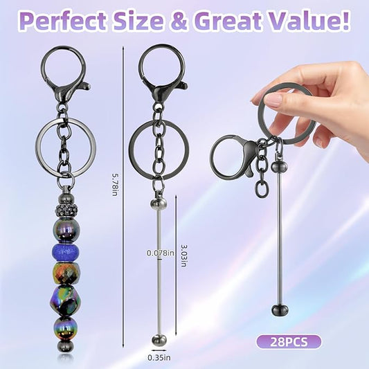 28 Pcs Beadable Keychain Bars - Keychain Making Kit Bulk - Metal Beaded Keychains for Crafting - Diy Key Chain Supplies - Blank Keychains Bars for Beads - Beadable Items (Grey)