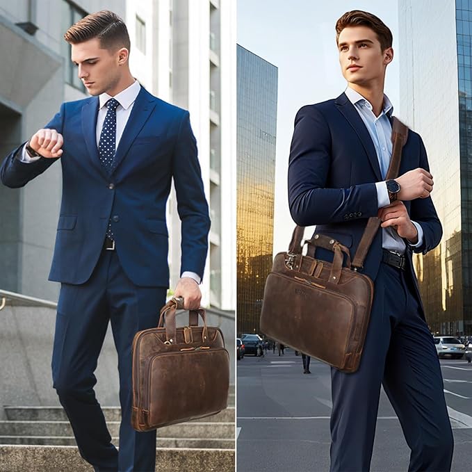 Masa Kawa Leather Laptop Briefcase for Men Fits 15.6" Computer Slim Crossbody Shoulder Messenger Bag Attache Case for Business Work, Vintage Brown