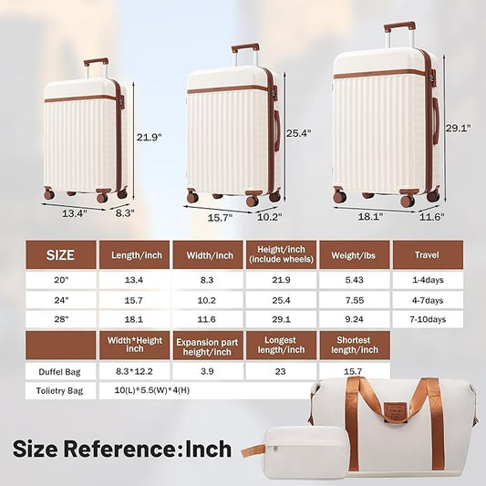 Merax Luggage Sets 3 Piece, Durable Hardshell Suitcase with Double Spinner Wheels and Handle Bags,Lightweight Carry on Luggage with TSA Lock,20+24+28,White and Brown