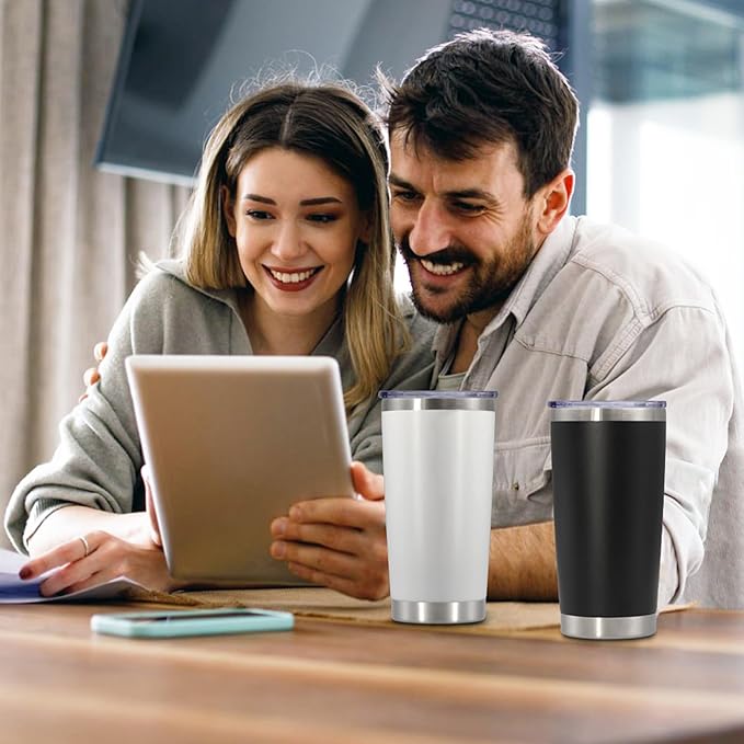 20 oz Tumbler with lid Double Wall Vacuum Insulated Tumblers Stainless Steel Coffee Mug Travel Coffee Tumbler Powder Coated Tumbler Cup Keep Hot&Cold - (White 6 Pack)