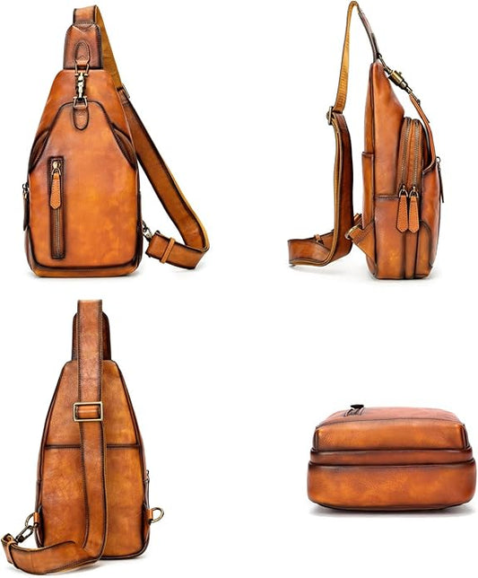 Genuine Leather Sling Bag for Men Women Backpack Chest Shoulder Satchel Crossbody Bags Casual Outdoor Daypack