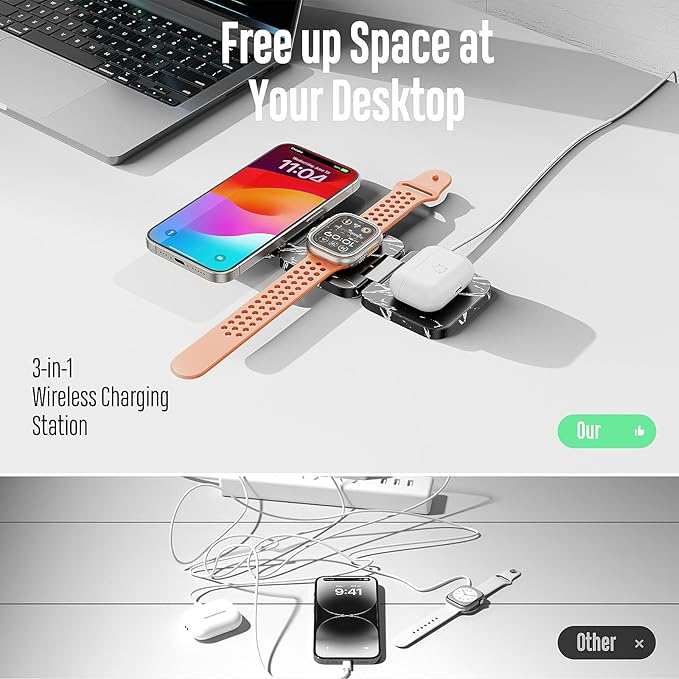 Fast Wireless Charger, Magnetic Foldable 3 in 1 Charging Station for iPhone 17/16/15/14/13/12 Pro/Plus/Pro Max, 5W Portable Charger for Apple Watch9/8/7/6/5/4/SE, for Airpods