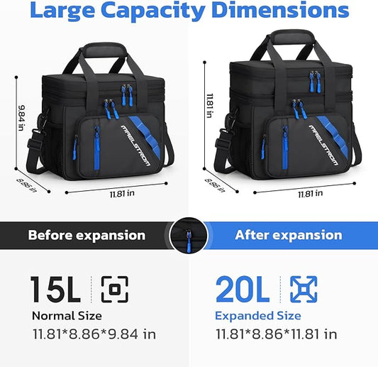 Maelstrom Lunch Box, 20L Insulated Lunch Bag for Men Women, Expandable Double Deck Leakproof Cooler Bag with 6 Pockets, Reusable Lunch Tote Bag for Work, Picnic, Travel, Black
