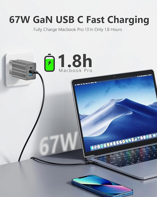 USB C Fast Charging Block,67W GaN Fast Charger 3-Port,Acoucou Adapter Type C Wall Chargers for iPhone 16,15,14,13,12, iPad, MacBook, Galaxy S25, S24, S23, Tablet
