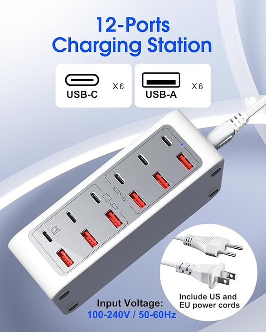 12-Ports Multiple USB C Fast Charging Station, 220W GaN Charger Hub with European Travel Plug, PD 65W Laptop Charger for MacBook iPad iPhone Google Pixelbook Dell XPS Galaxy Steam Deck - White