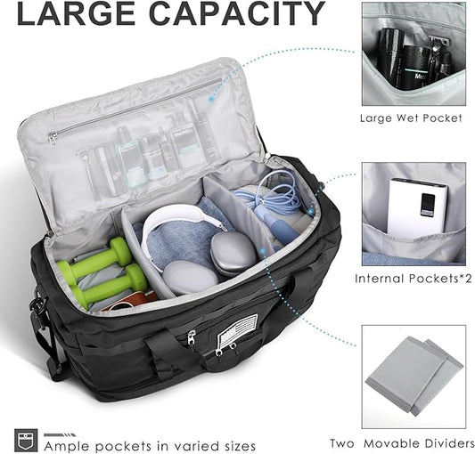ETRONIK Travel Bag for Men Women, Gym Bag & Tactical Duffle Bags for Travel, Carry on with Toiletry Bag and Shoe Compartment, Weekender Overnight Trip with Wet Pocket for Workout Medical, Black