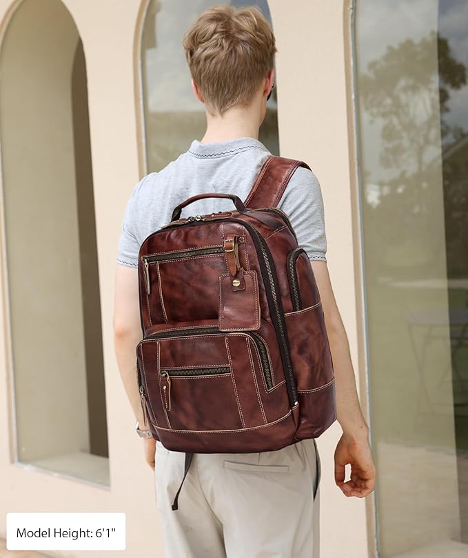 LANNSYNE Full Grain Leather Backpack For Men, Fits 16" Laptop, Coffee
