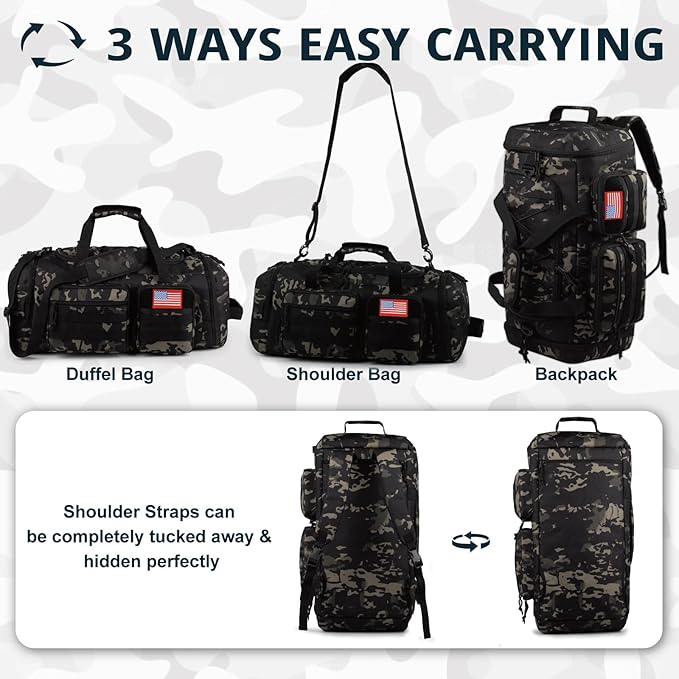 Tactical Gym Bag for Men,70L Large 3 in 1 Sports Duffle Bag with Shoes Compartment for Travel,Water Resistant Travel Backpack Weekender Overnight Bag with Wet Pocket for Women