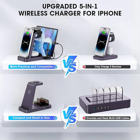 Wireless Charger for iPhone - 5 in 1 Charging Station for Multiple Devices Apple: Fast Wireless Charging Stand Dock for iPhone 16e 16 15 14 13 12 Pro Max Apple Watch Airpods (Purple)