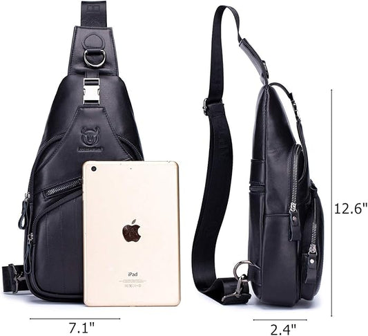 BULLCAPTAIN Leather Men Sling Bag Casual Crossbody Chest Bags Travel Daypack