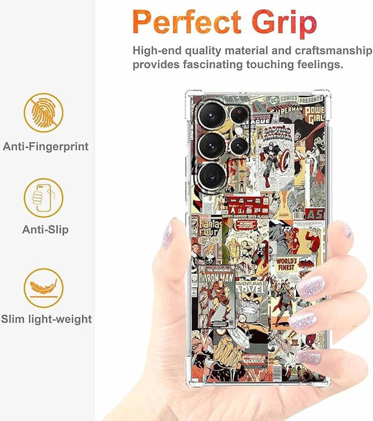 Case for Samsung Galaxy S23 Ultra with Superhero Design,Cartoon Comic Pop Culture Art Collage,Clear Soft TPU Bumper Phone Cover,6.8"(Hero,S23U)