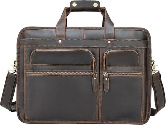 Polare 17'' Full Grain Leather Briefcase Laptop Attache Case Messenger Bag For Men Fits 15.6'' Laptop