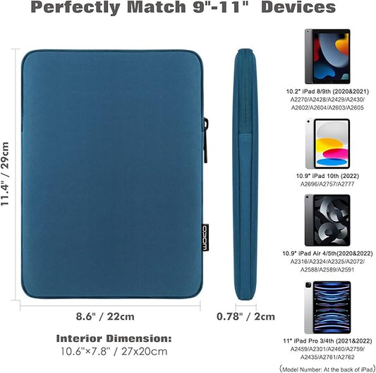 MoKo 9-11 Inch Tablet Sleeve Bag - Fits iPad Pro M4, iPad Air M2, iPad 10th, iPad 9/8/7th Gen, Tab S8/S9 11" - Peacock Blue