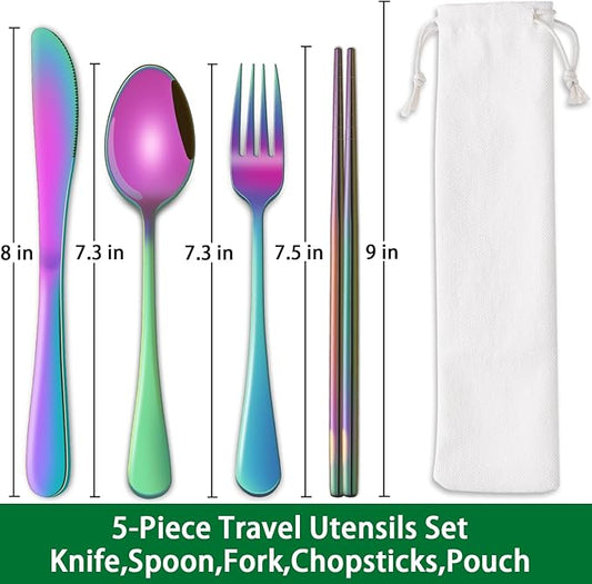 Rainbow Working Lunch Silveware Set,Reusable Travel Utensils Set With Case Includes Stainless Steel Chopsticks Knife Spoon And Fork,Camping Picnic Essentials