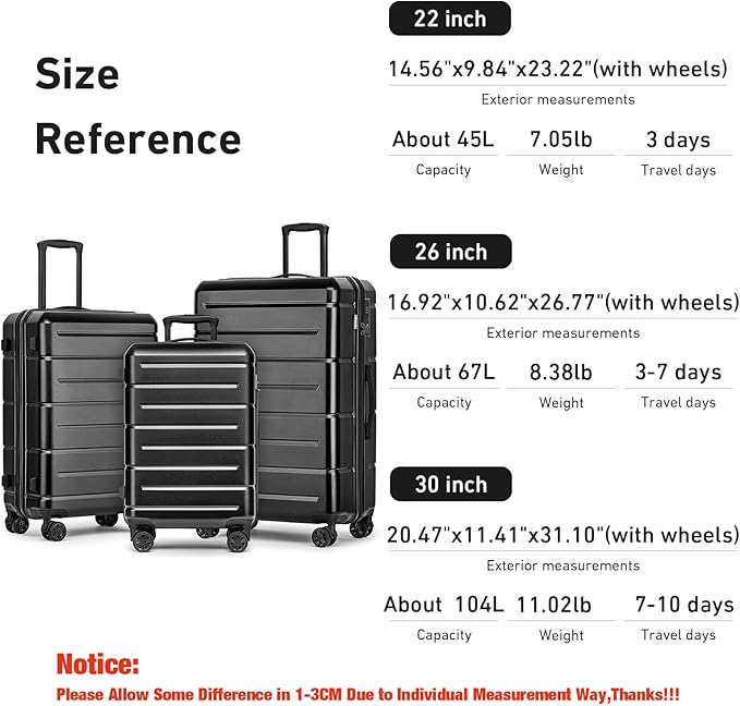 KYME Luggage Sets 3 Piece Hard Shell 22in/26in/30in Suitcases with Wheels Hardside Suitcase Set with TSA Lock Travel Rolling Luggage Set for Women Men Black