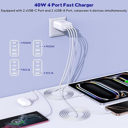 iPhone 16 Pro Max USB C Charger Cord, 2Pack USB C-C Woven Cable Cord 3FT 40W Type C Apple Charger 4 Port PD&AC Wall Plug Fast Charging for iPhone 16e/16 Pro/16 Pro Max/16 Plus/15/15 Pro/15Pro Max/iPad