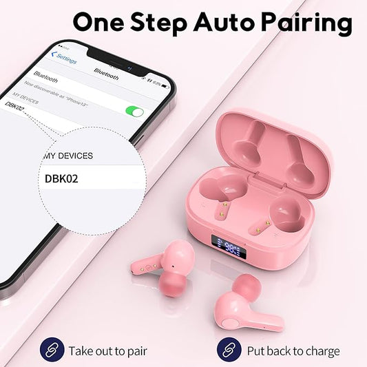 MOZOTER Bluetooth 5.3 Wireless Earbuds,Deep Bass Loud Sound Clear Call Noise Cancelling with 4 Microphones in-Ear Headphones with Wireless Charging Case Compatible for iPhone Android,Work -Pink01