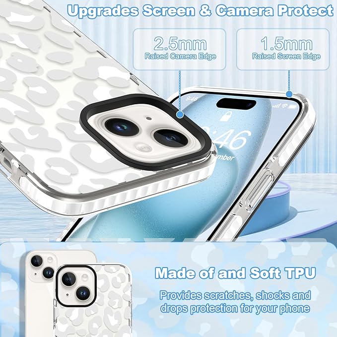 ZIYE Clear Case for iPhone 15 Phone Case White Leopard Design Shockproof Soft TPU Bumper Protective for Women Girls Girly Cute Cover