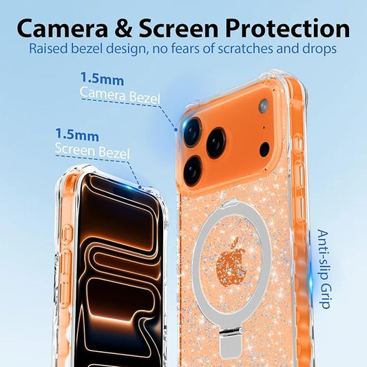 Magnetic for iPhone 17 Pro Case with Invisible Stand, Compatible with MagSafe, Clear Bling Sparkle Shockproof Slim Anti-Slip Military Drop Protection Hard Phone Case 6.3" Glitter Silver