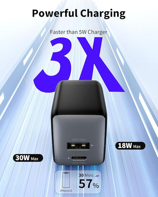 USB C Charger Block, 30W USB C Fast Charging, Dual-Port Compact USB Charger Block with Foldable Plug, Compatible with 16/16 Pro/15/15 Plus/15 Pro/15 Pro Max/14/13/12/11 (2 Pack)