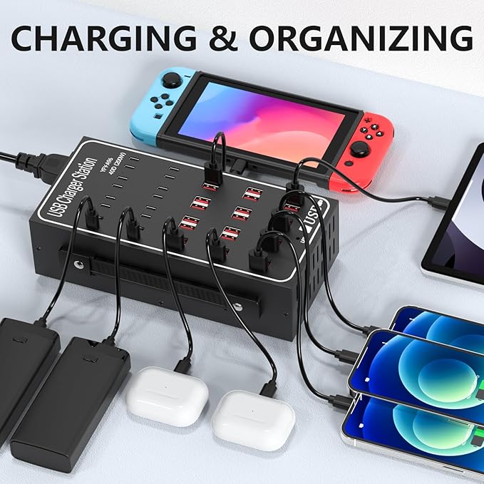 Multiple USB Charging Station, RUANSZZ 40 Port 200 Watt (40A) USB~C Charger Block with Power Switch, Multiple USB Desktop Charger Station, Suitable for Shops, Hotels, Schools, Shopping malls