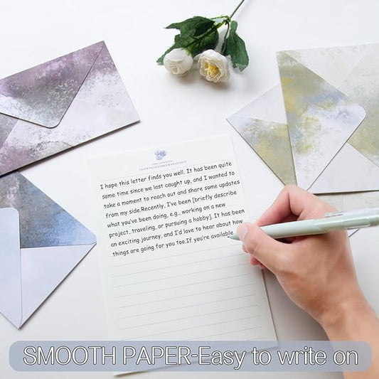 Tuhangcc Stationary Paper Set Minimalism - Hand Blended Colors,12 Envelopes (4x6 in) & 24 Lined Paper for Wedding Love Letters, Invitations, Anniversaries (Lake Blue - Grey)