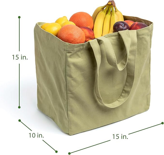 VeraMia Canvas Grocery Bag 3pc XL Set with Real Pockets, Long Shoulder Strap and Short Handle. Heavy Duty, Foldable, Washable