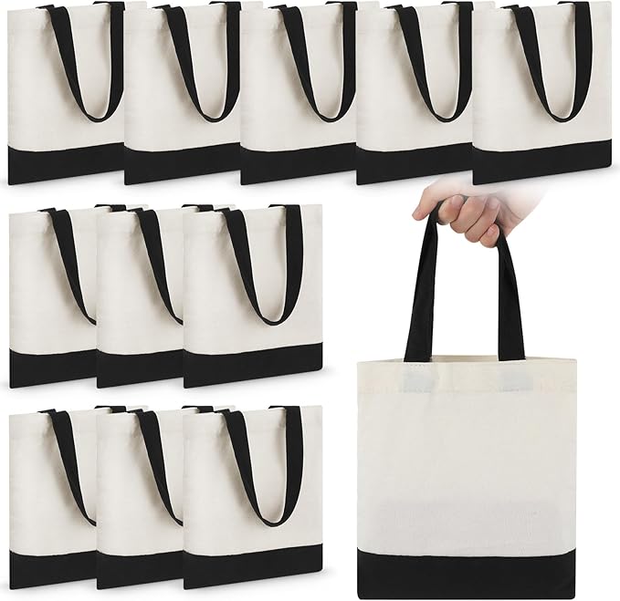 Amylove 12 Pcs Mini Tote Bag Sublimation Blank Canvas Tote Bags Reusable Grocery Luggage DIY Sack Goody for Party Even (8.5 x 8 Inch,White with Black Handle)