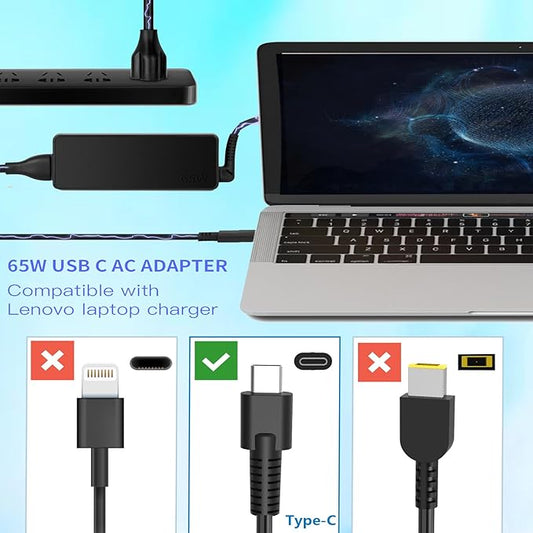 65W Charger Fit for Lenovo ThinkPad X1 Carbon 5th 6th 7th 8th Gen, X1 Yoga 2nd 3rd 4th 5th, X1 Tablet 2nd 3rd USB C Laptops Adapter