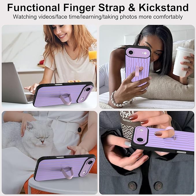 Compatible with iPhone Air Case with Finger Hand Strap Kickstand, Trendy Cool Striped Phone Case for Women Men, Full Camera Protection Shockproof Protective Cover, Purple Stripes