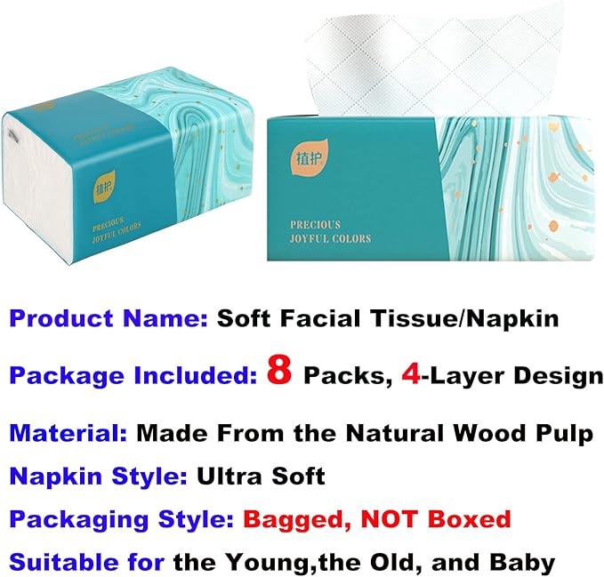 Pack of 8, Disposable Small Facial Tissue, Toilet Paper, Bag Cover, Not Box, Napkin, White Facial Paper Tissue, Material Wood Pulp Fiber NOT COTTON, 4-Ply, 280 Sheet per Pack