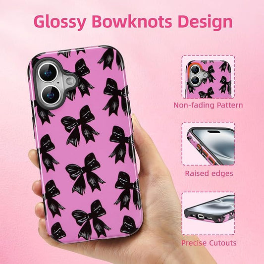 QLTYPRI Case for iPhone 16, Aesthetic Black Ribbon Bow Phone Case for Girls Women, Protective Hybrid 2-Layer Hard Shell Silicone Cover Durable Shockproof Phone Cover - Rose Red