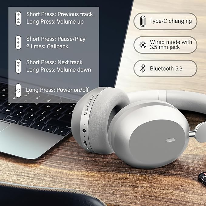 Y05 Bluetooth Headphones Wireless Over Ear with Microphone 48 Hours Playtime, High Sound Quality Foldable Soft Earpads Earphones for Travel - Silver