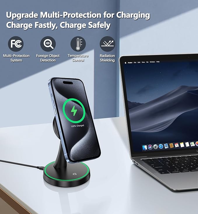 2 Pack Magnetic Wireless Charger Stand 15W Fast Mag-Safe Charger for iPhone iPhone 17/17 pro/ 17 Air/ 17 pro max 16/15/14/13/12 Series Magnet Wireless Charging Station with Light for AirPods