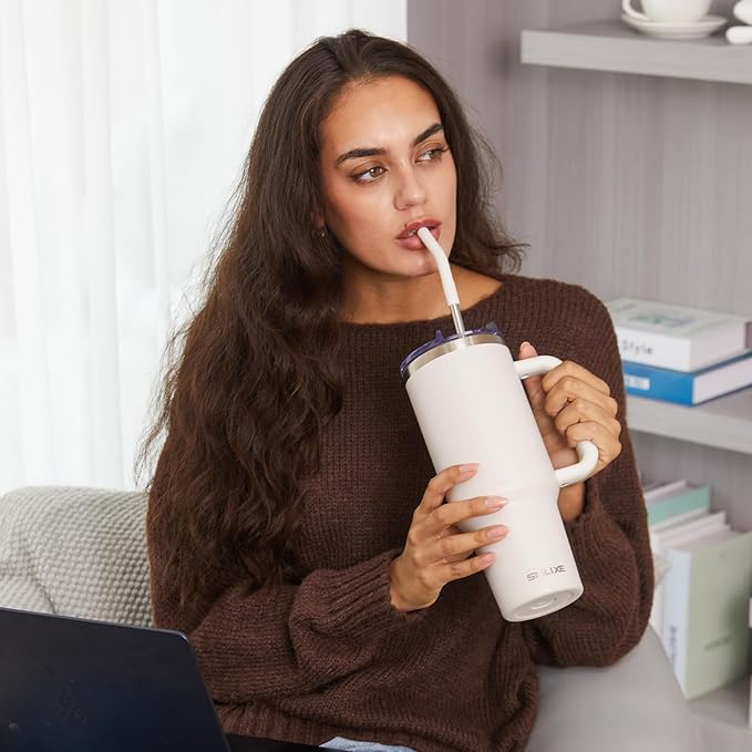 30 oz Tumbler with Handle, Tumbler with Lid and Straw, Double Wall Vacuum Insulated Travel Mug Stainless Steel Tumbler for Hot and Cold, Cupholder Friendly (Almond Birch)