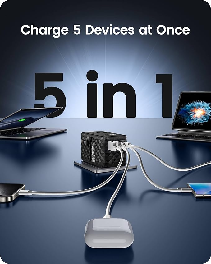 LENCENT 100W International Travel Adapter, GaN Universal Travel Adapter with 2 USB-A & 2 Type C Power Adapter, Fast Charger for Phone,Laptops, Worldwide Plug Adapter for USA/UK/EU/AUS, Black