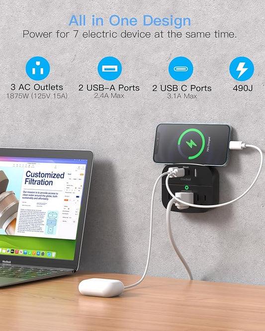 2 Pack Multi Plug Outlet Splitter with USB, Surge Protector Outlet Extender with 3 Wall Outlets 4 USB Wall Charger(2 USB C), 490 Joules, ETL Listed, Small Outlet Adapter Plug Extender for Travel,Black