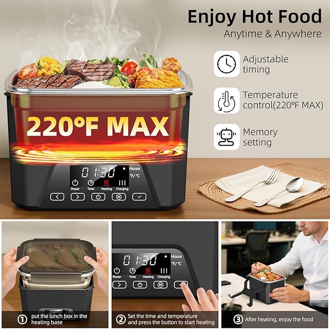 Cordless Electric Lunch Box for Adults, Heated Lunch Box 20000 mAh Battery Powered with Automatic Heating, 1.2L Portable Food Warmer, BPA Free